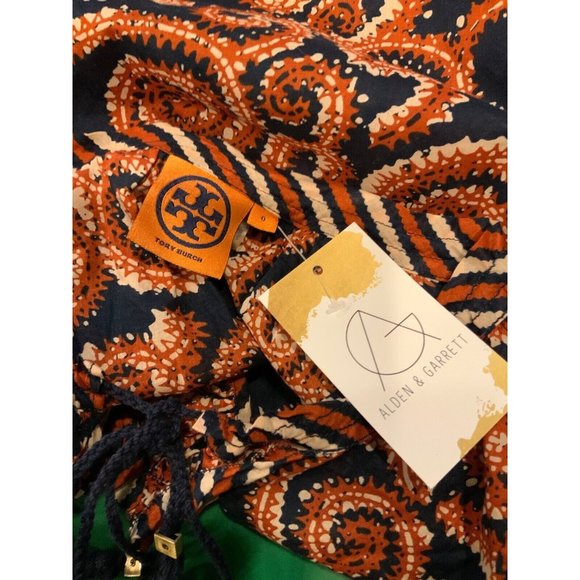 Tory Burch Blue & Orange Paisley Tunic w/Ruffle & Tassel Tie Neck Top, Size 0 - Picture 6 of 6